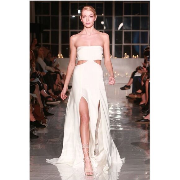 NWT Dan Jones $3,190 Retail Silk Crepe High Slit Strapless Ivory Wedding Dress S - Picture 1 of 15